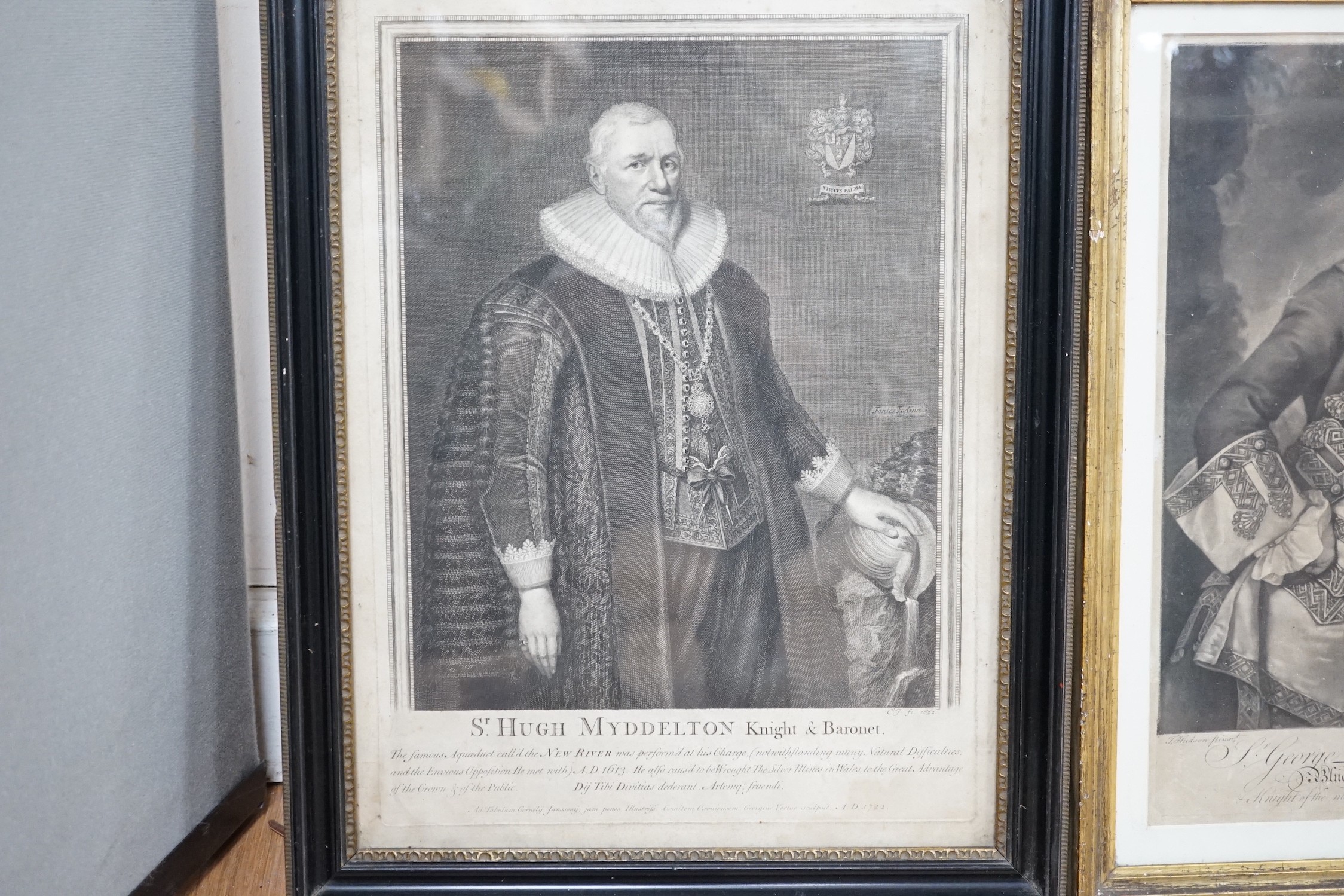 McArdell after Thomas Hudson, mezzotint, Portrait of Sir George Pocock, Admiral of the Blue, visible sheet 36 x 26cm and an engraving of Sir Hugh Myddelton, overall 40 x 29.5cm